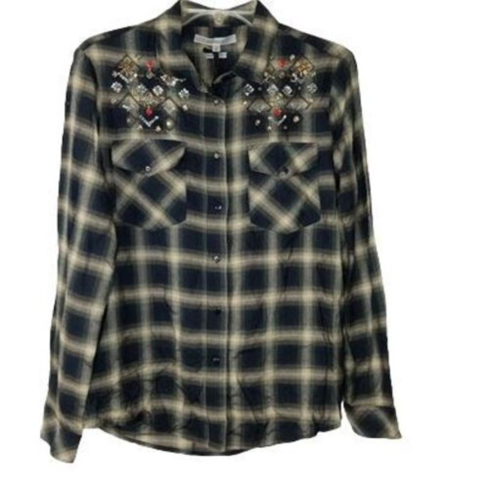 Basement  Womens Green Tartan Plaid Beaded Button Up Shirt Pockets